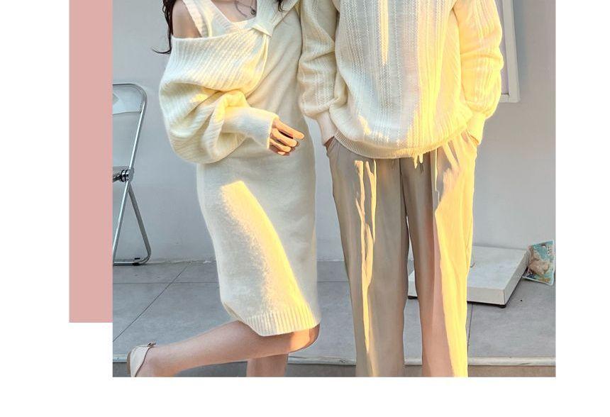 Couple Matching Long-Sleeve Plain Bow Shrug / Sleeveless Square Neck Knit Midi Sheath Dress / Crew Neck Ribbed Sweater / Set Product Image