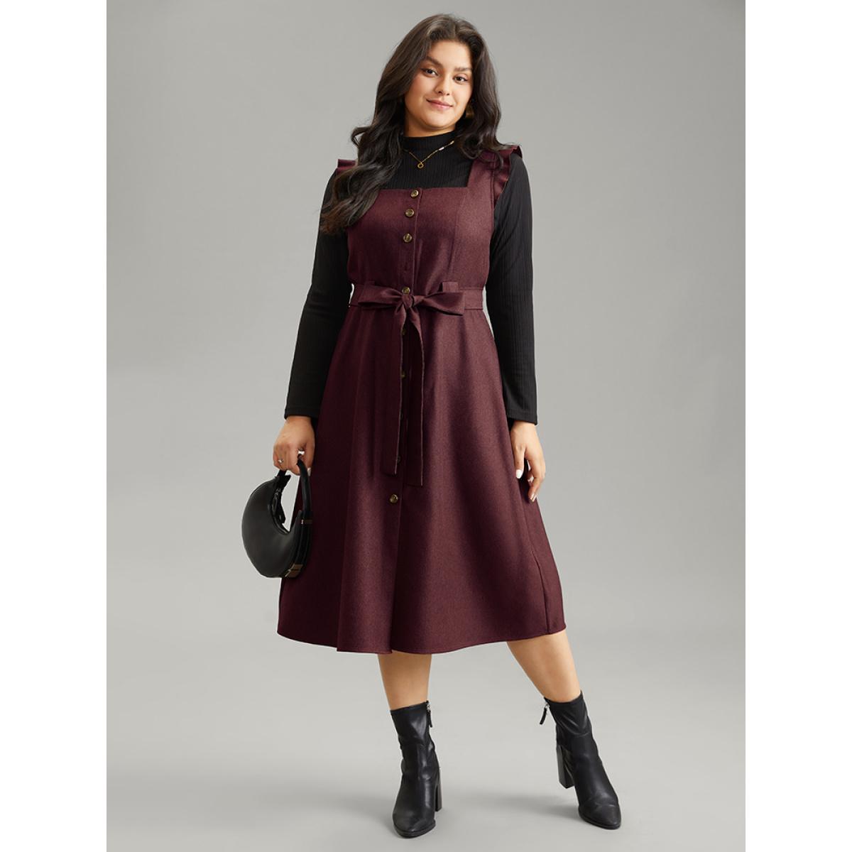 Plus Size Solid Belted Ruffle Trim Button Through Sleeveless Dress Burgundy Women Office Plain Square Neck Sleeveless Curvy Midi Dress BloomChic 30/6X Product Image