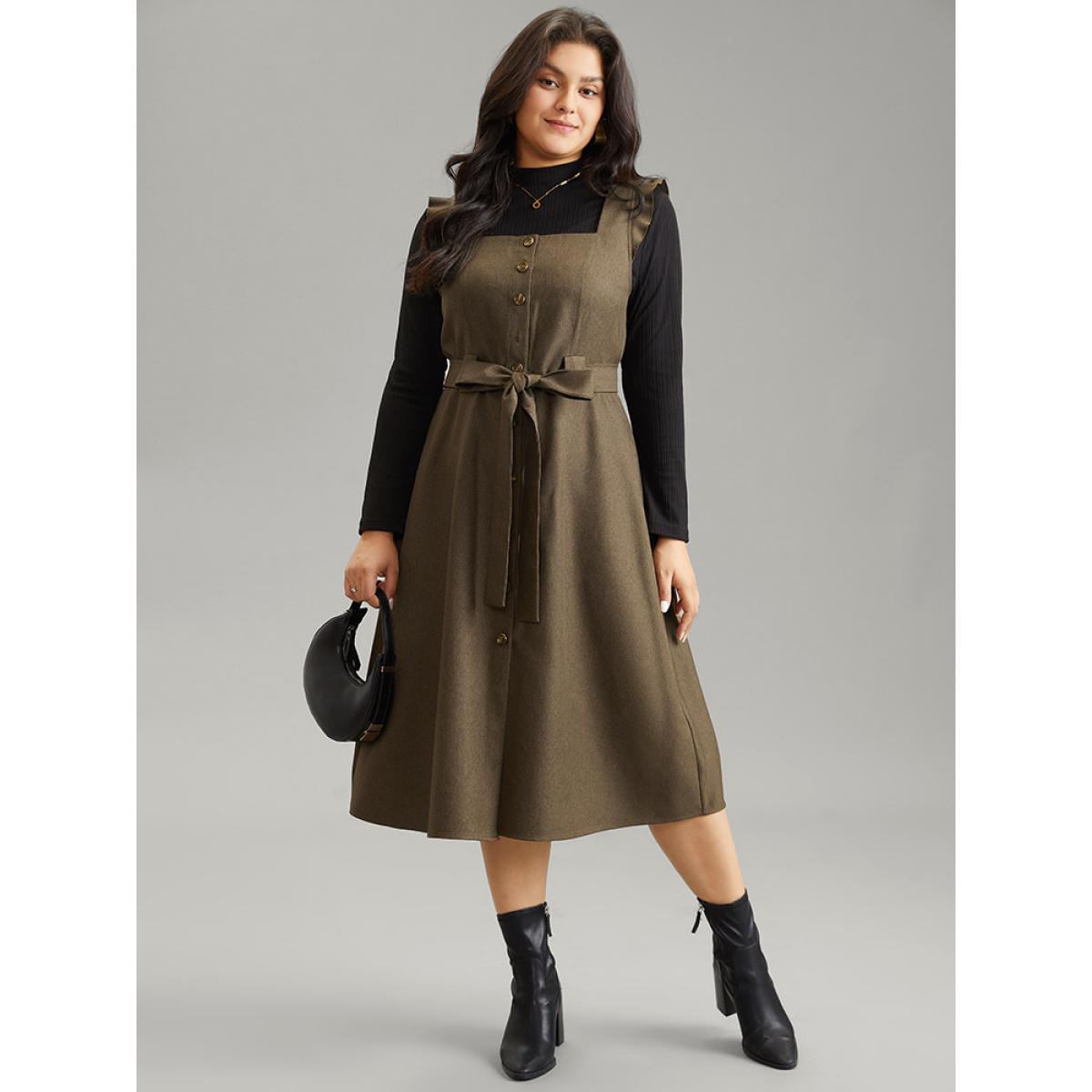 Plus Size Solid Belted Ruffle Trim Button Through Sleeveless Dress ArmyGreen Women Office Plain Square Neck Sleeveless Curvy Midi Dress BloomChic 12/L Product Image
