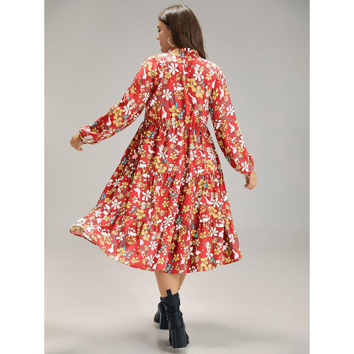 Plus Size Floral Print Keyhole Shirred Dress Salmon Women Elegant Elastic cuffs Mock Neck Long Sleeve Curvy Midi Dress BloomChic 18-20/2X Product Image