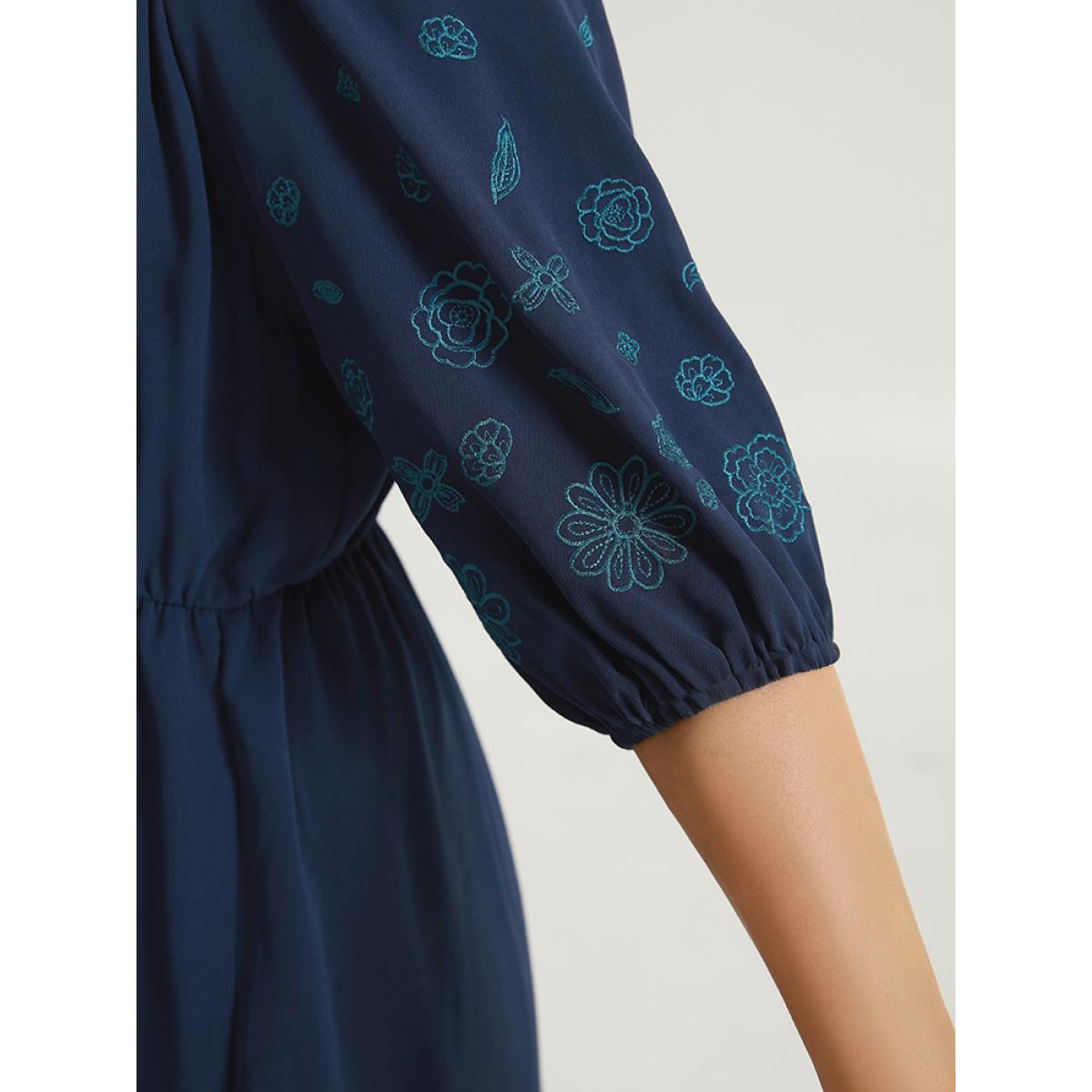 Plus Size Floral Embroidered Pocket Square Neck Lantern Sleeve Dress Indigo Women Elegant Elastic cuffs Square Neck Half Sleeve Curvy Midi Dress BloomChic 28/5X Product Image