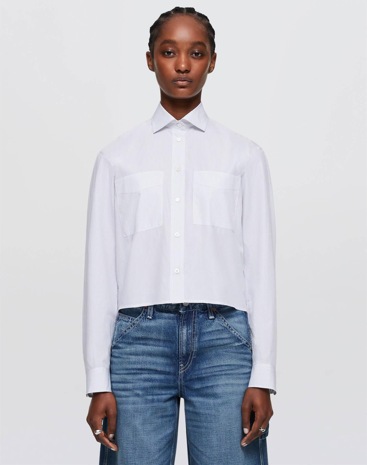 Cropped Oversized Button Up - White/Black Product Image