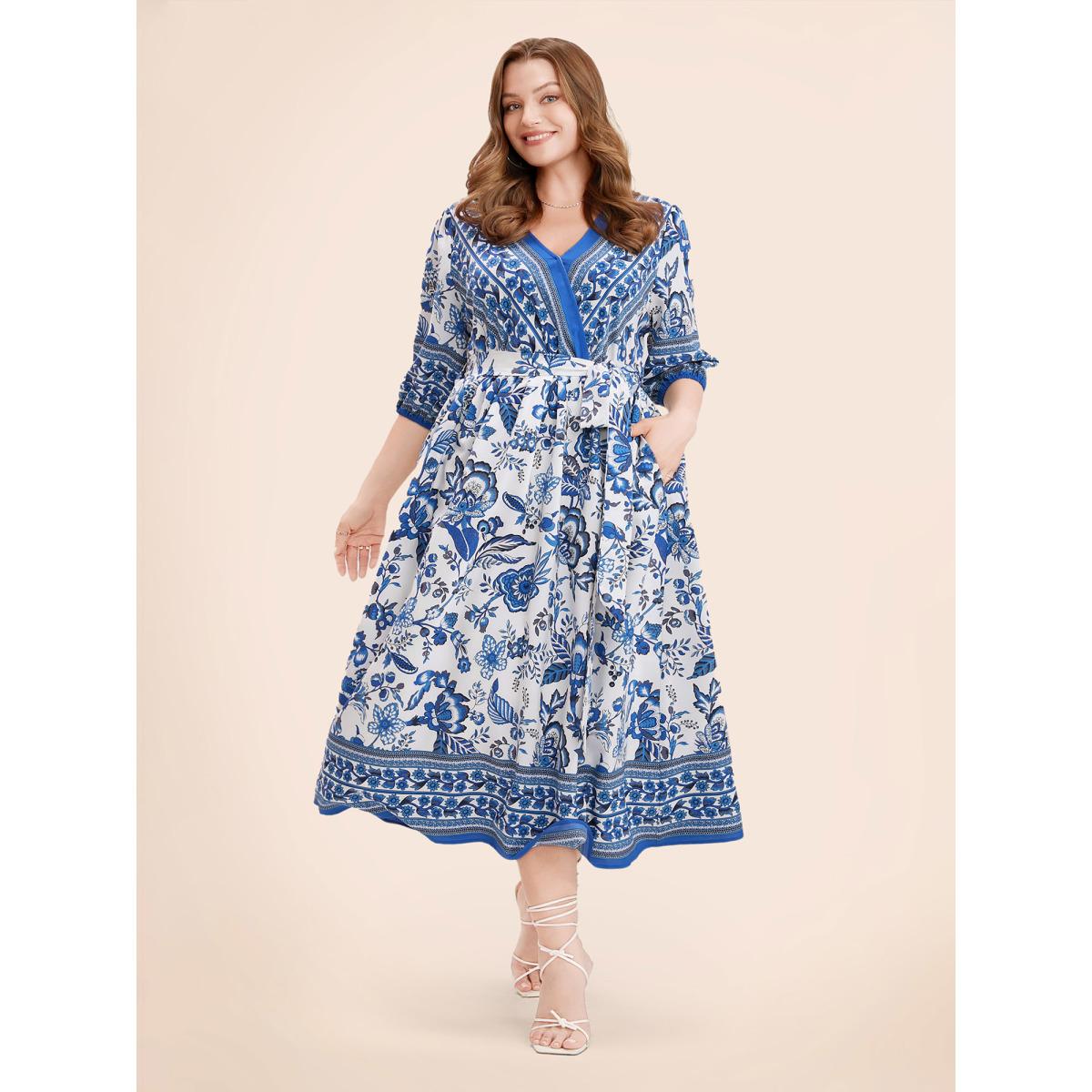 Plus Size Bandana Print Surplice Neck Lantern Sleeve Pocket Belted Midi Dress Blue Women Resort Non V-neck Half Sleeve Curvy Midi Dress BloomChic 30/6X Product Image