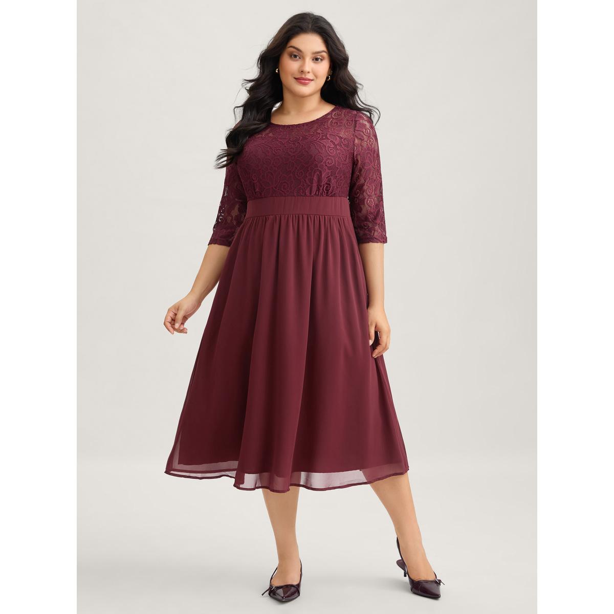 Plus Size Lace Patchwork Shirred Midi Pocket Dress Burgundy Women Formal Woven ribbon&lace trim Round Neck Elbow-length sleeve Curvy BloomChic 12/L Product Image