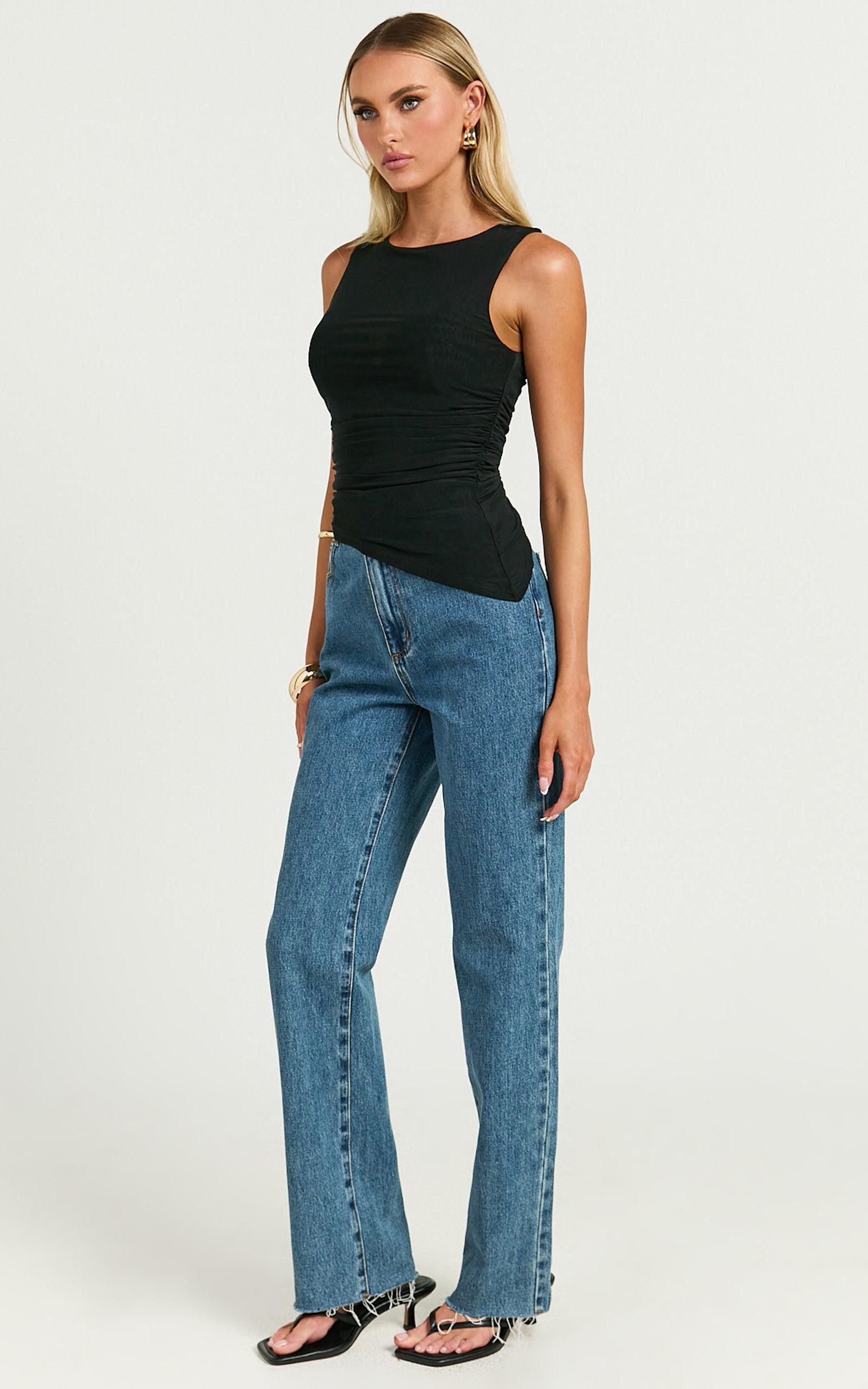 Alexis Top - Boat Neck Ruched Asymmetric Mesh Top in Black Product Image