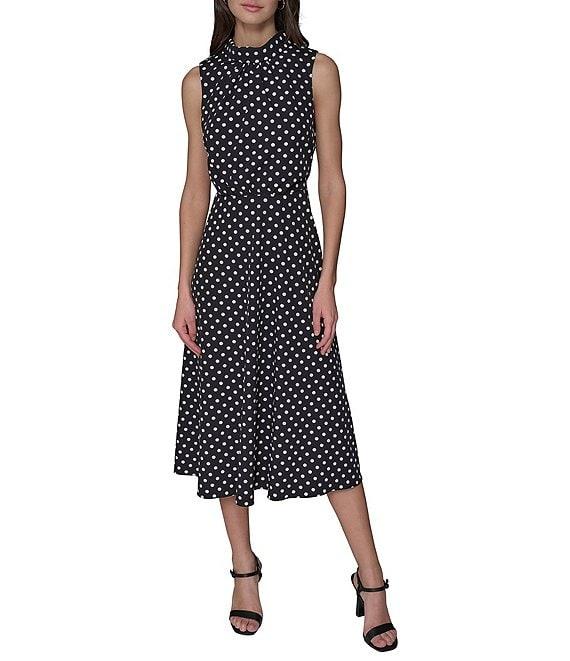 KARL LAGERFELD PARIS Crepe Dotted Print Mock Neck Sleeveless Midi Dress Product Image