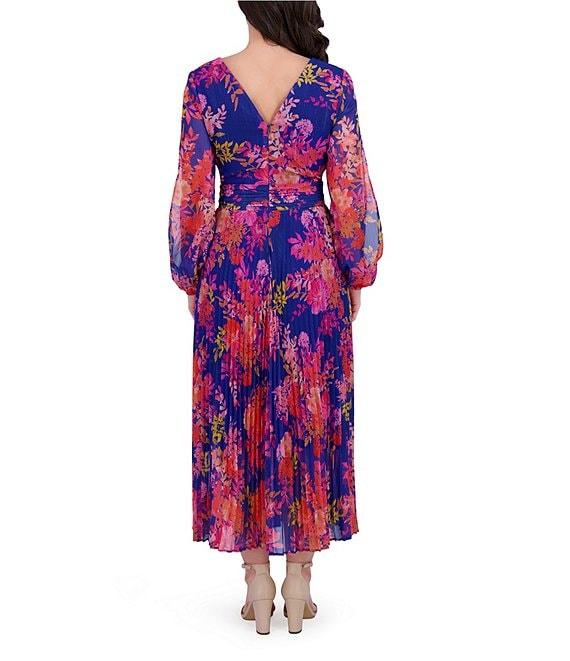 SIENA Chiffon Floral Print Pleated V-Neck Long Cutout Sleeve Maxi Dress Product Image