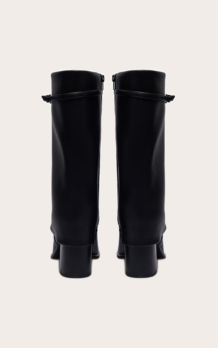Black PU Point Toe Buckle Detail Block Heel Calf High Boots Product Image