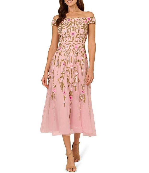 Adrianna Papell Off-The-Shoulder Floral Beaded Mesh A-Line Midi Dress Product Image