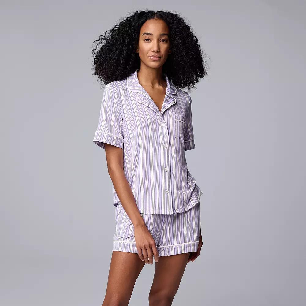 Women's Simply Vera Vera Wang 2-Piece Short Sleeve Notch Collar Pajama Top & Boxer Pajama Bottoms Set, Size: Medium, Purple Stripe Product Image