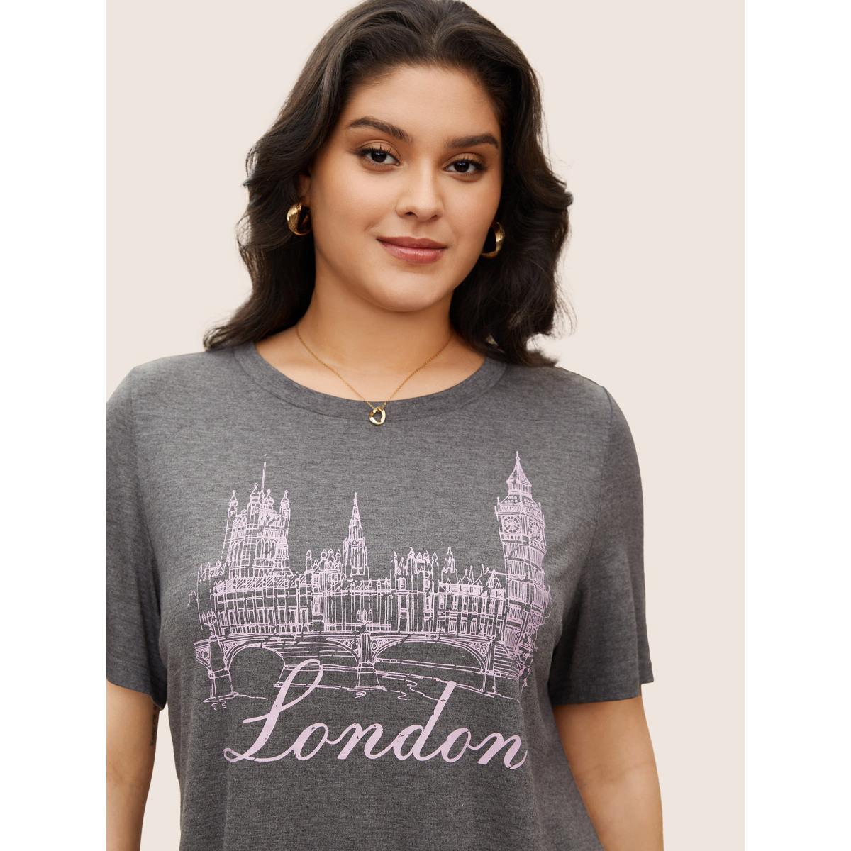 Plus Size City Print Heather Crew Neck T-shirt Gray Women Elegant Contrast Area Everyday T-shirts BloomChic 18-20/2X Product Image