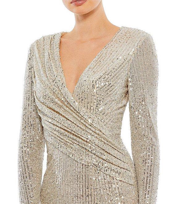 Mac Duggal Sequin Wrap Surplice V-Neck Long Sleeve Thigh High Slit Sheath Gown Product Image
