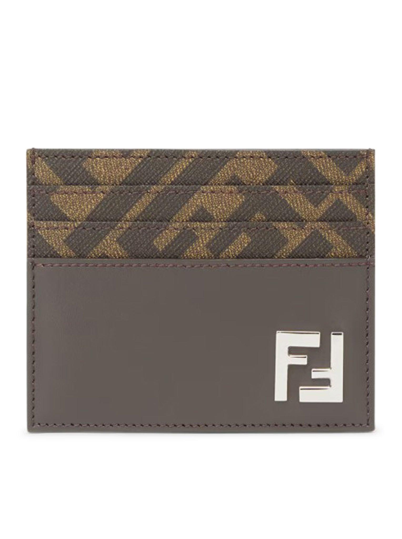 FENDI Brown Card-holder With Squared Ff Motif In Leather And Ff Canvas Man In Ebony Product Image