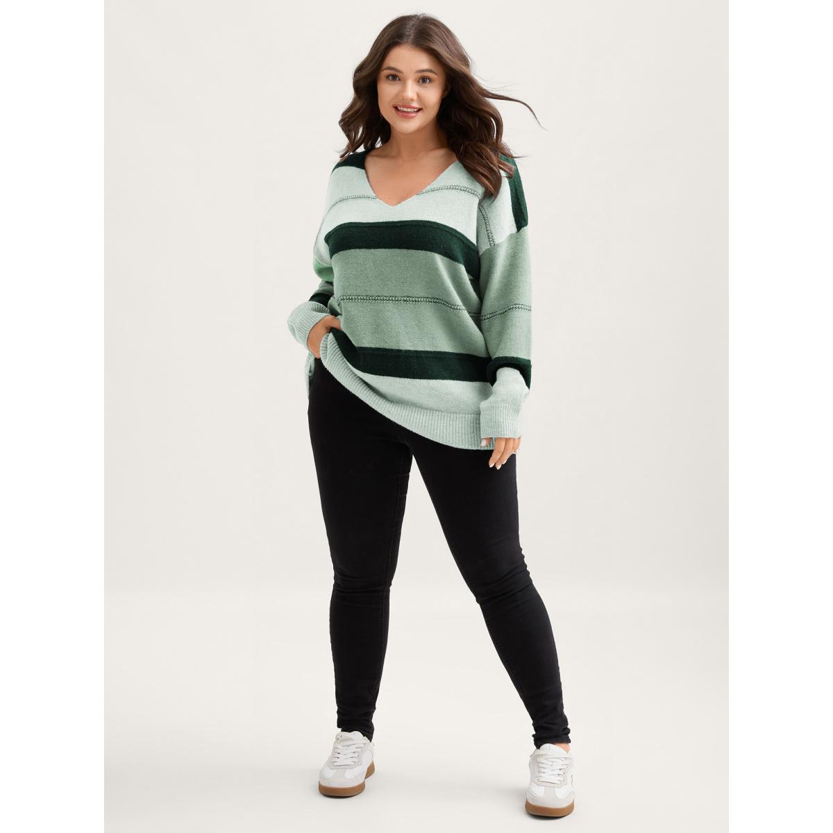 Plus Size Striped Print Color Contrast Pullover Greenbean Women Leisure Loose Long Sleeve V-neck Casual Pullovers BloomChic 12/L Product Image