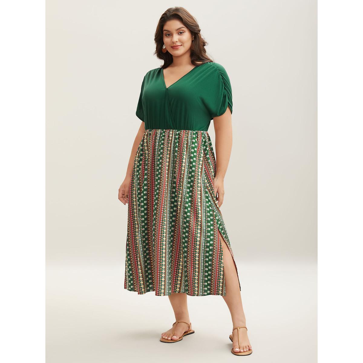 Plus Size Boho Stripes Spliced Ruched Sleeve Midi Dress Truegreen Women Gathered Overlap Collar Short sleeve Curvy BloomChic 18-20/2X Product Image