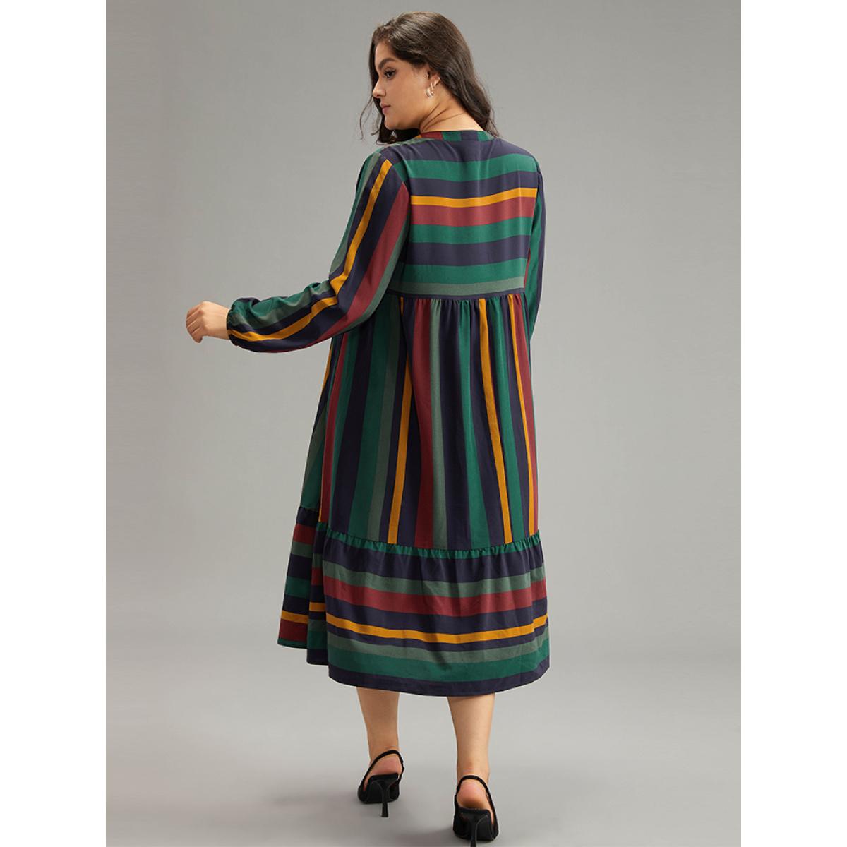 Plus Size Rainbow Striped Notched Patchwork Dress Multicolor Women Office Elastic cuffs Notched collar Long Sleeve Curvy Midi Dress BloomChic 30/6X Product Image