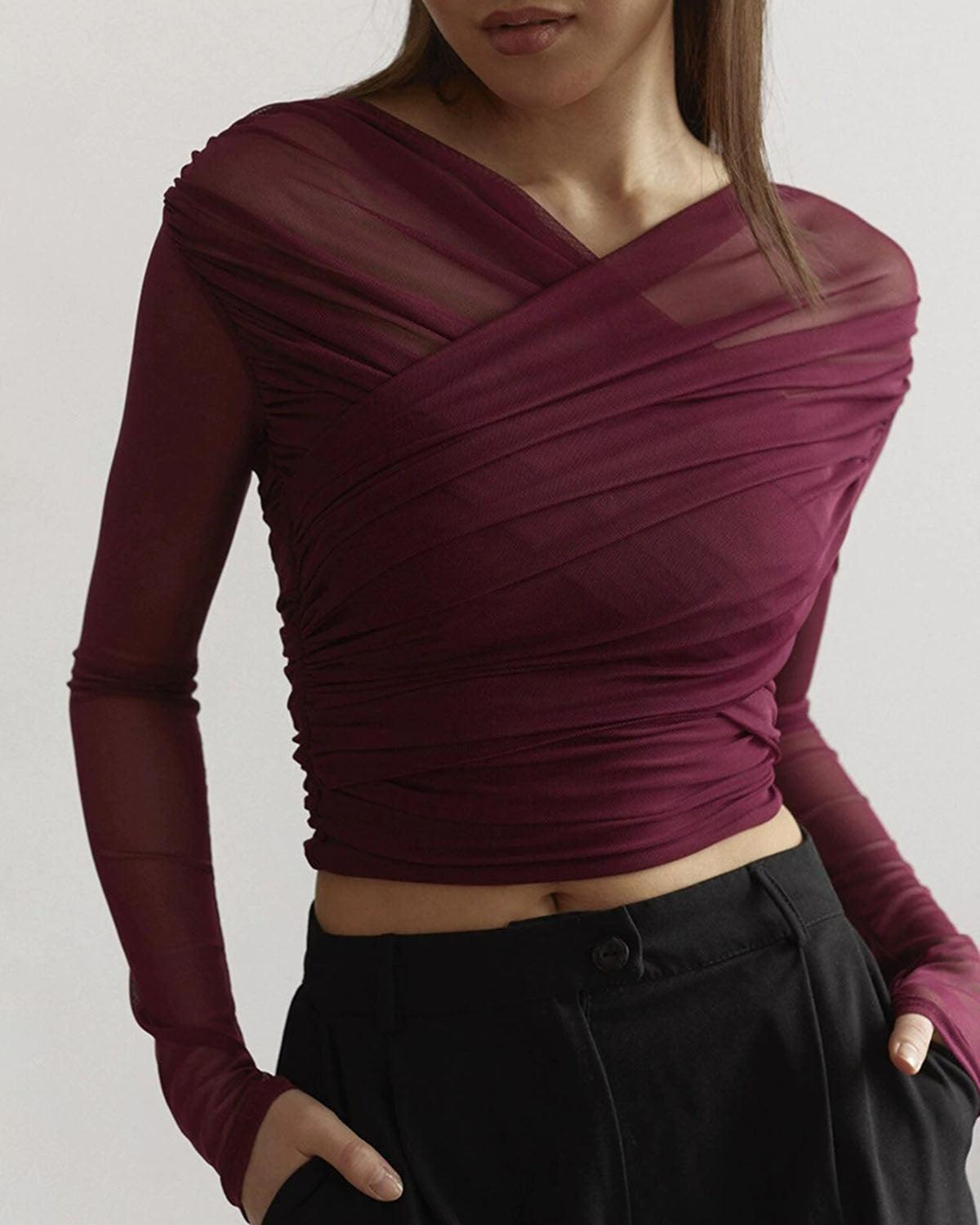 Wine Red V Neck Slim Mesh Tee Product Image