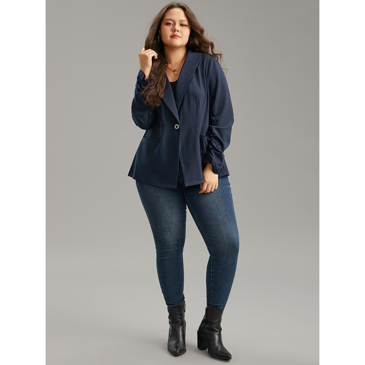 Plus Size Plain Lapel Collar Button Fly Patched Pocket Blazer Midnight Women Dailywear Plain Plain Sleeve Long Sleeve Lapel Collar 28/5X Pocket Casual Blazers BloomChic Product Image