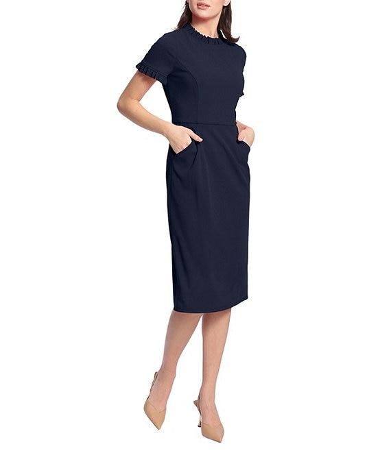 Maggy London Ruffle Mock Neck Short Sleeve Stretch Crepe Midi Pencil Sheath Dress Product Image
