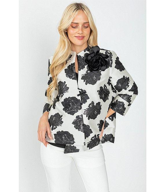 IC Collection Black Rosette Printed High Round Neck Bracelet Length Sleeve Asymmetric Hem One-Button Jacquard Jacket Product Image