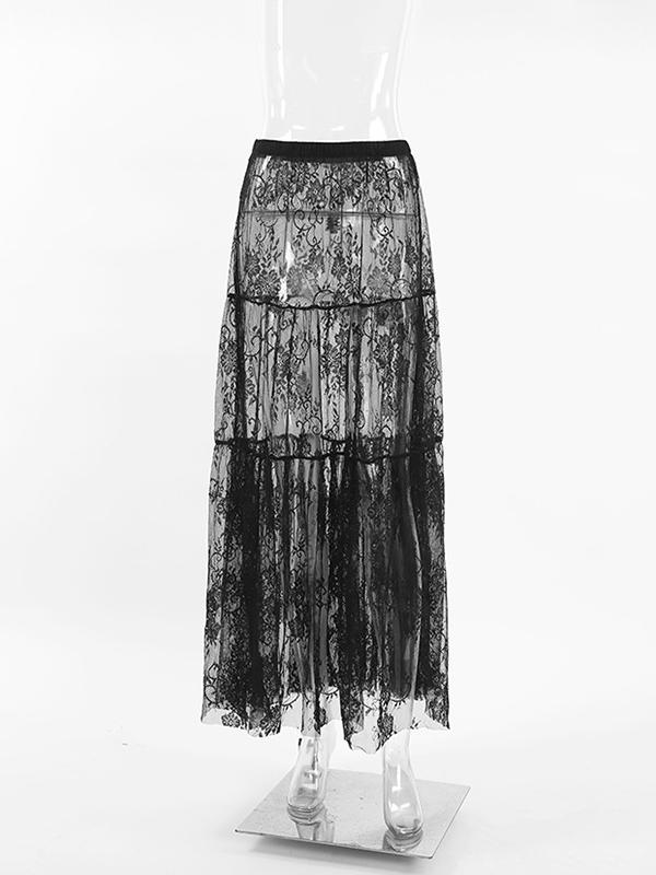 A-Line High Waisted Elasticity Hollow Jacquard Mesh See-Through Split-Joint Skirts Bottoms Product Image