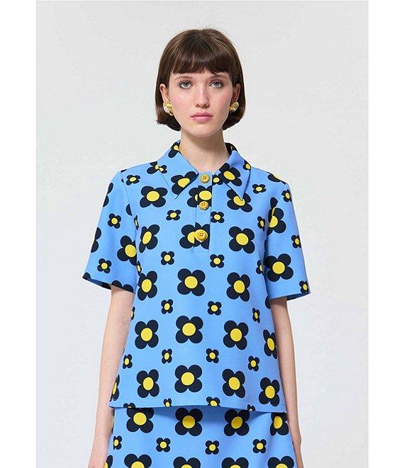 Tara Jarmon Tania Coordinating Geometric Daisy Print Horizon Point Collar 3 Button Placket Short Sleeve Shirt Product Image
