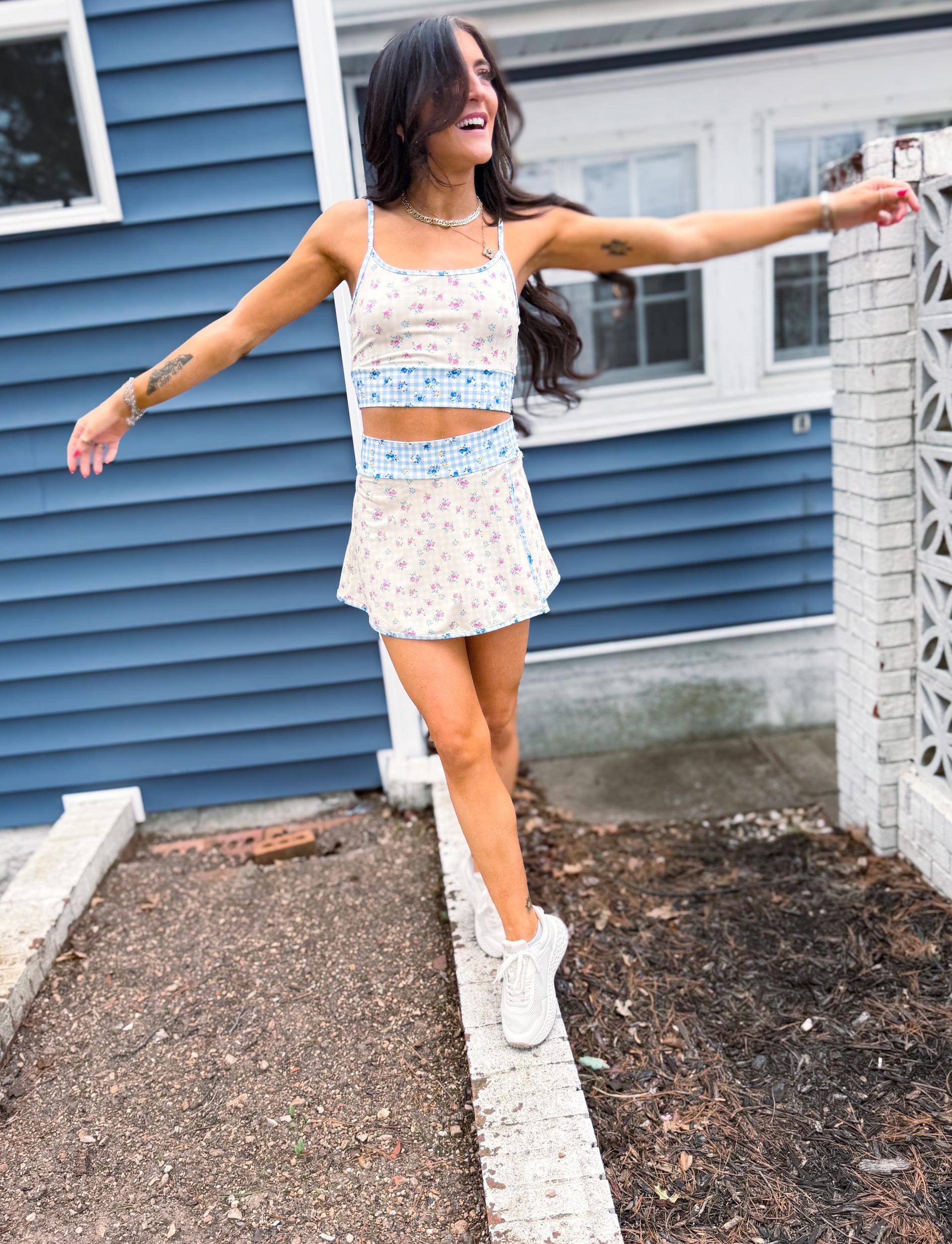 Gingham Floral Print Patchwork Sporty Mini Skort Product Image