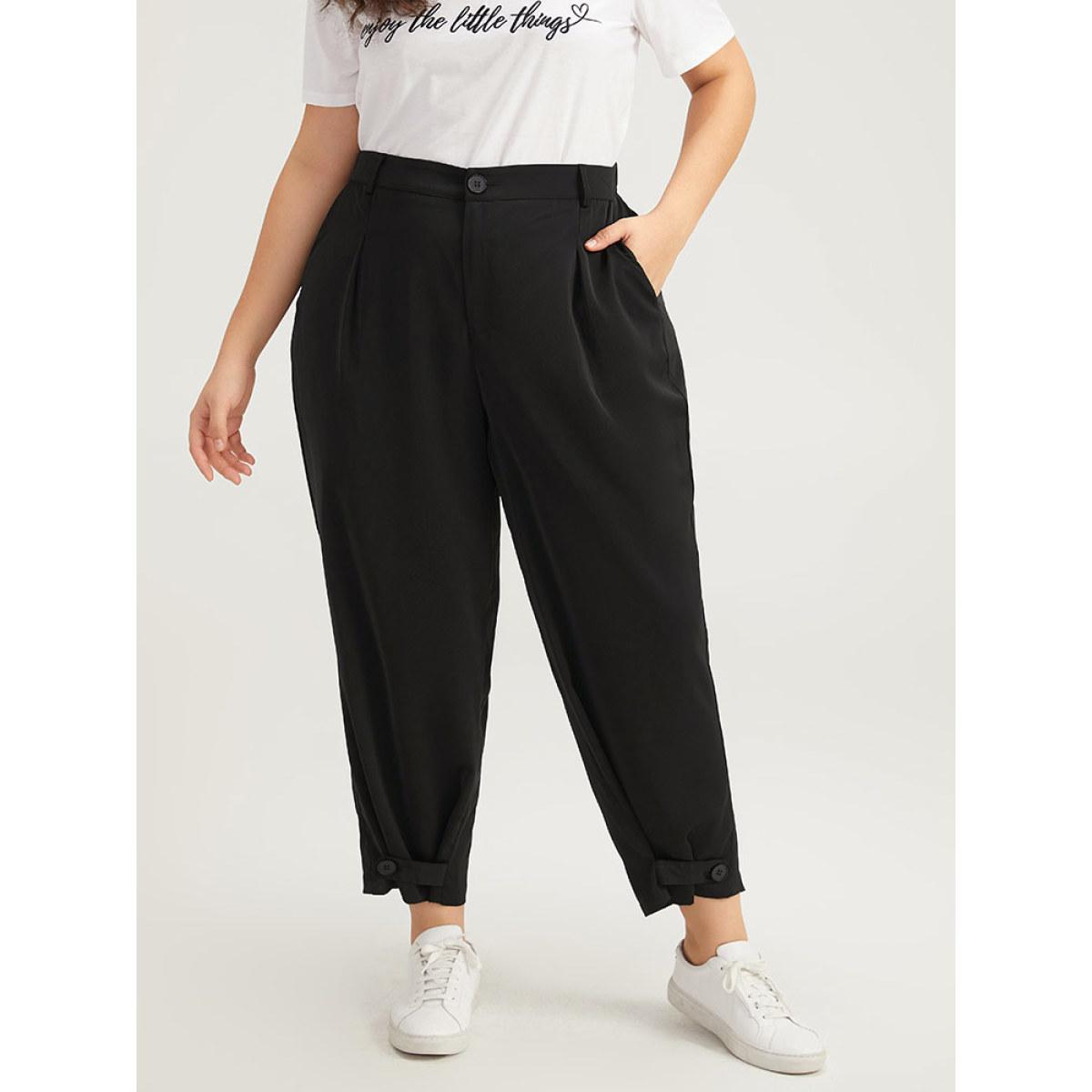 Plus Size Solid Pocket Button Up Straight Leg Pants Women Black Casual Straight Leg High Rise Dailywear Pants BloomChic 22-24/3X Product Image