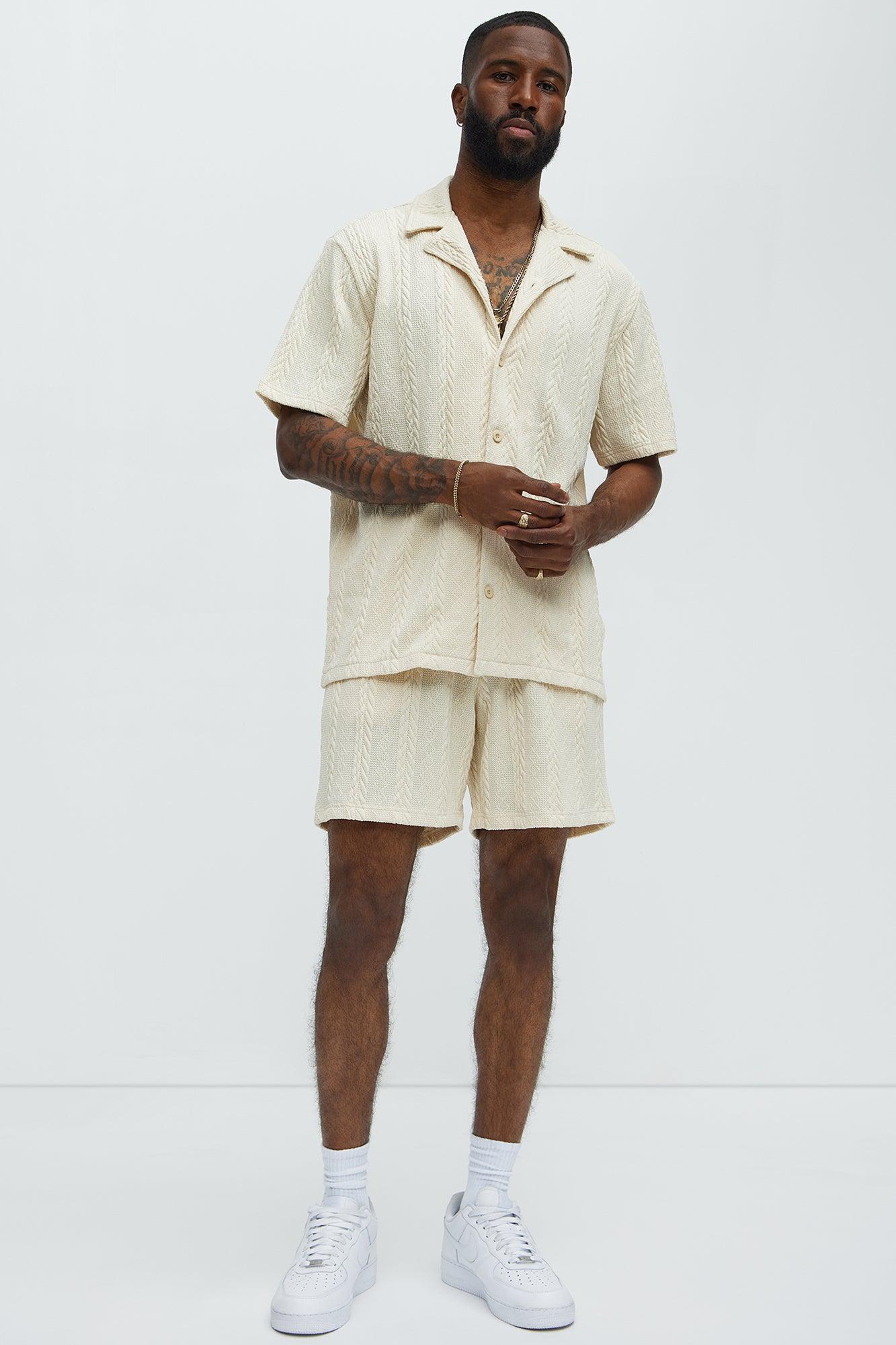 Textured Stripes Relaxed Drawstring Shorts - Cream Product Image