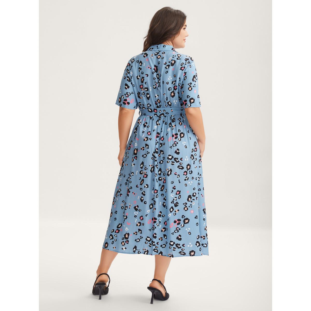 Plus Size Floral Print Collar Belted Midi Dress Stone Women Shirt collar Short sleeve Curvy BloomChic 12/L Product Image