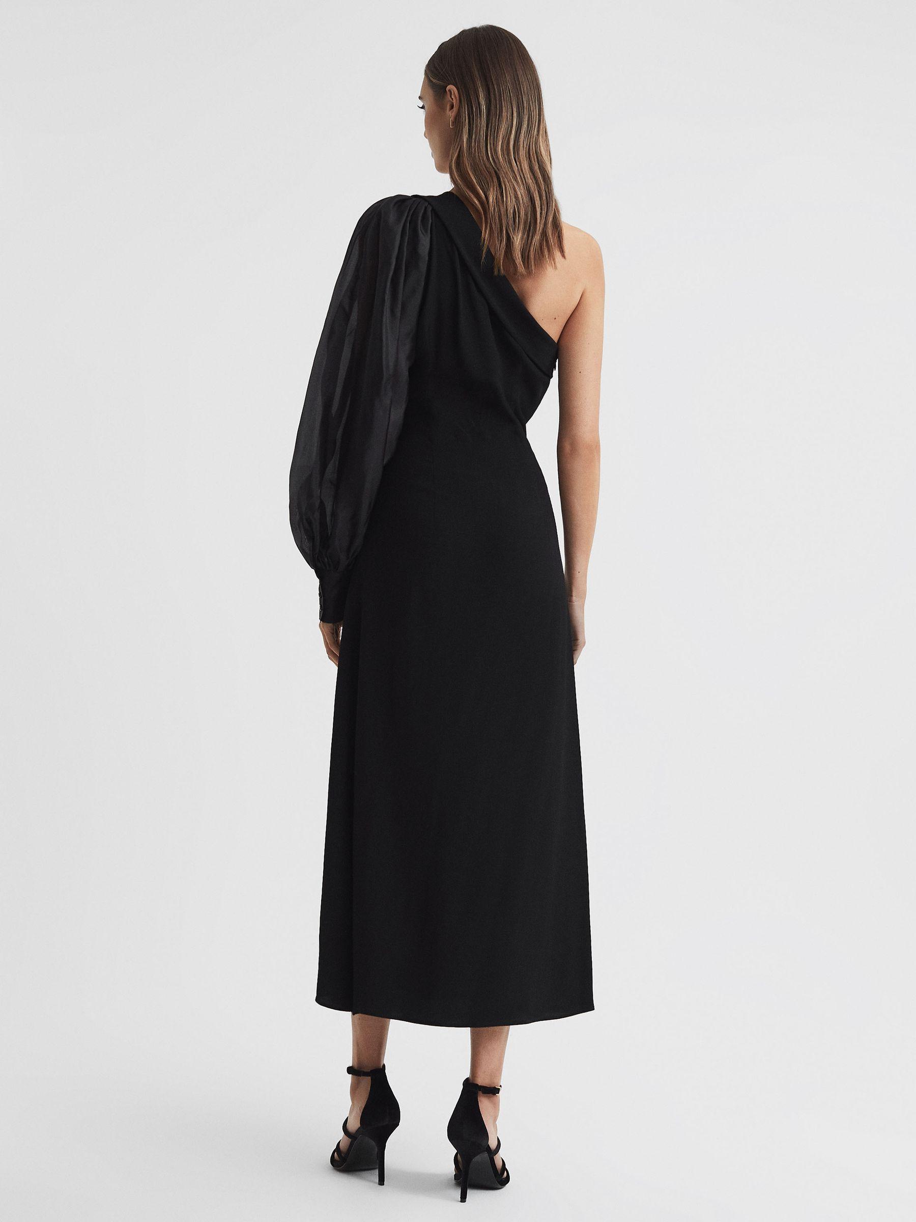 One-Shoulder Blouson Sleeve Midi Dress in Black Product Image