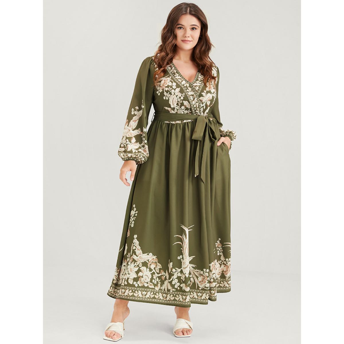 Plus Size Floral Button Split Lantern Sleeve Belted Pocket Wrap Dress ArmyGreen Women Vacation Embroidered V-neck Long Sleeve Curvy Long Dress BloomChic 12/L Product Image