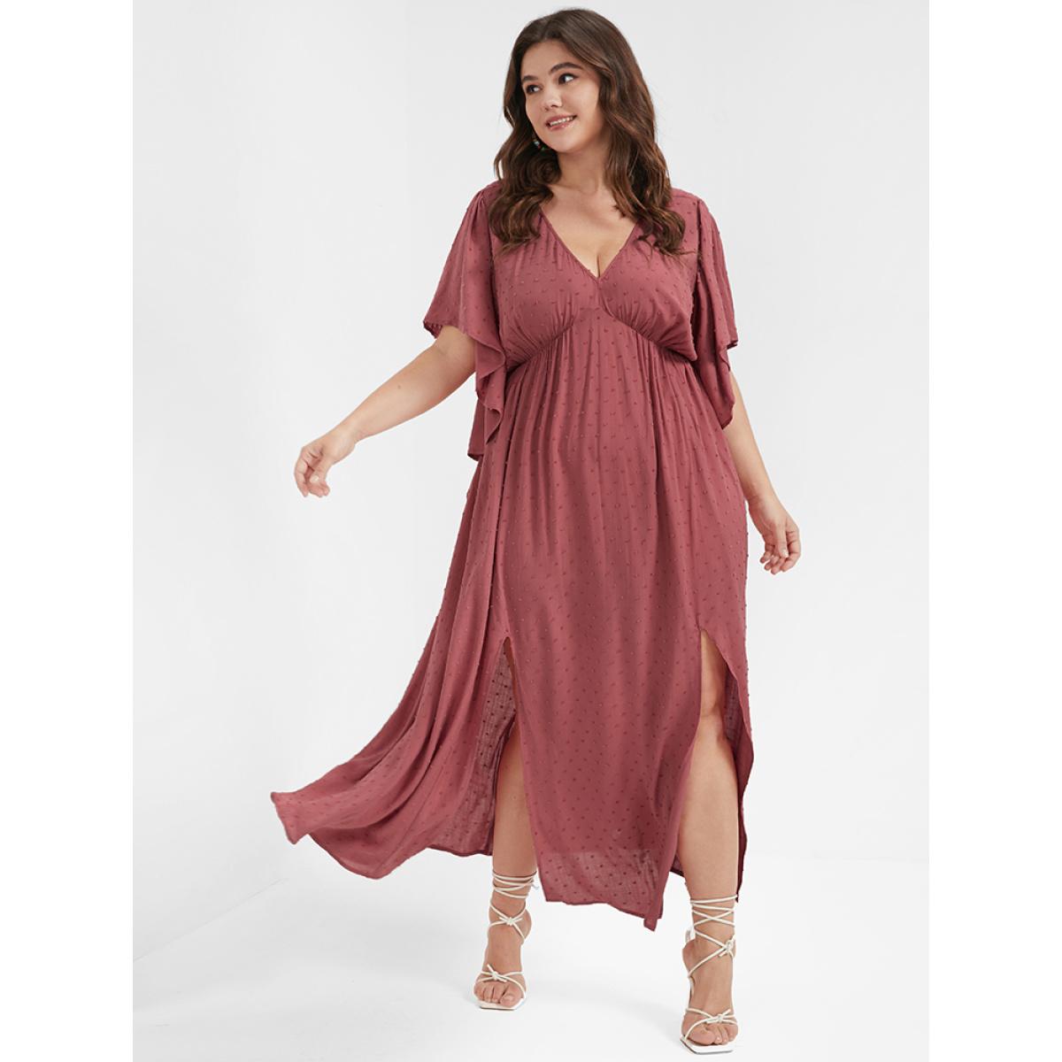 Plus Size Solid V Neck Ruffles Split Embroidered Maxi Dress DustyPink Women Elegant Elastic Waist V-neck Short sleeve Curvy Long Dress BloomChic 18-20/2X Product Image
