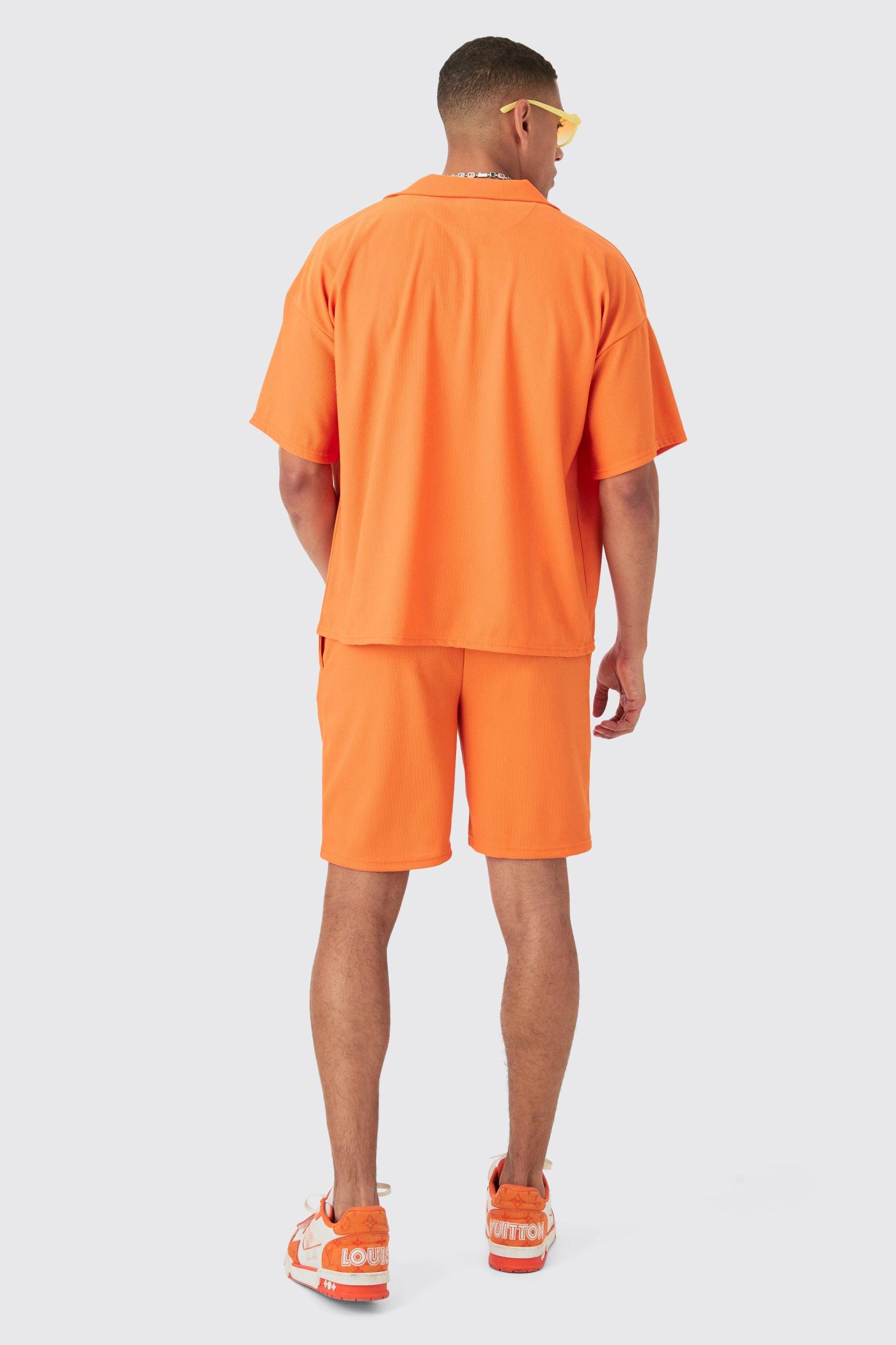 Regular Fit Short Sleeve Ribbed Boxy Shirt & Short Set | boohooMAN USA Product Image