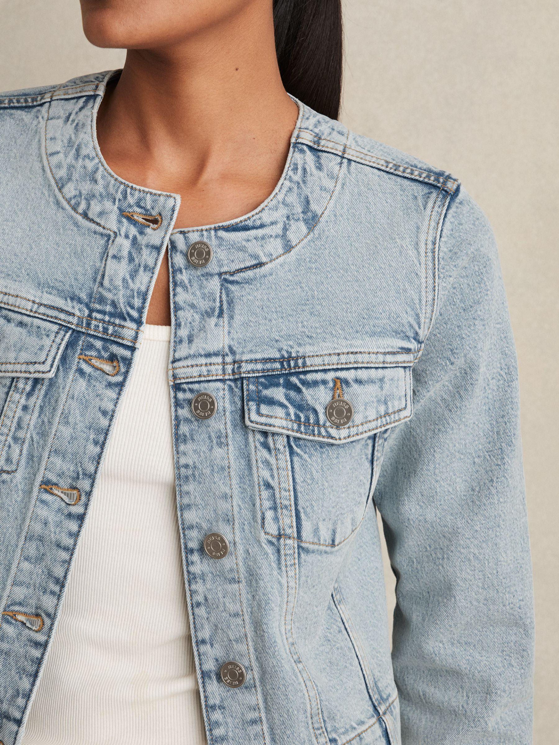 Collarless Cropped Denim Jacket in Light Blue Product Image