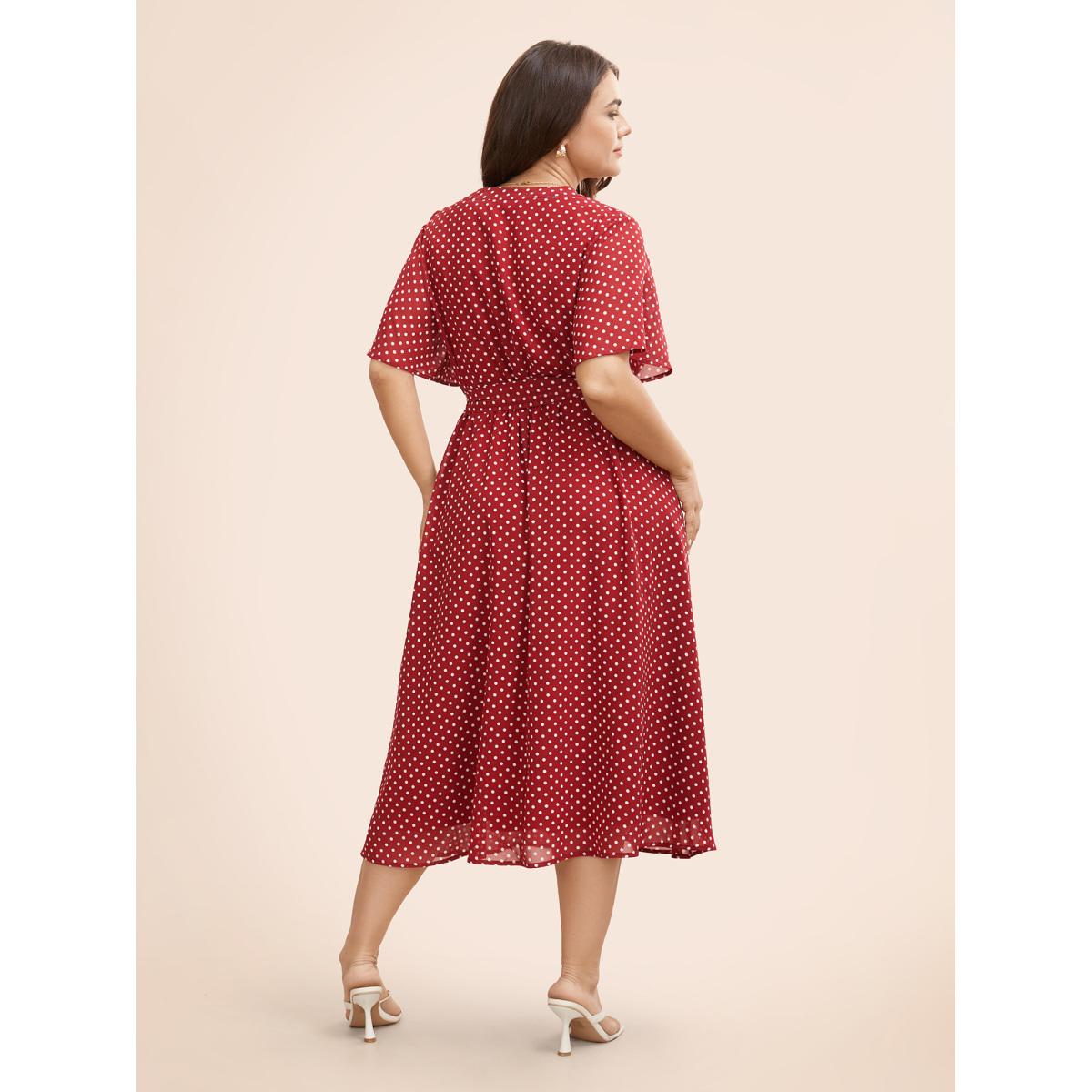 Plus Size Chiffon Polka Dot Ruffle Sleeve Dress Burgundy Women Elegant See through Flat collar Short sleeve Curvy BloomChic 28/5X Product Image