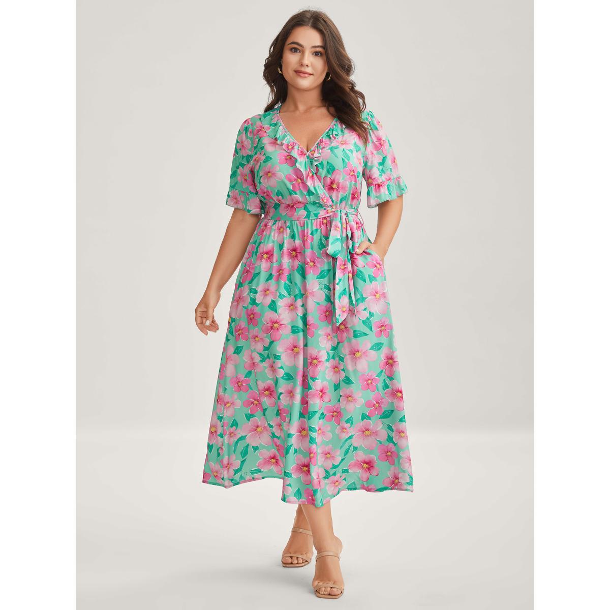 Plus Size Rayon Floral Print Pockets Midi Dress Multicolor Women Overlap Collar Short sleeve Curvy BloomChic 28/5X Product Image
