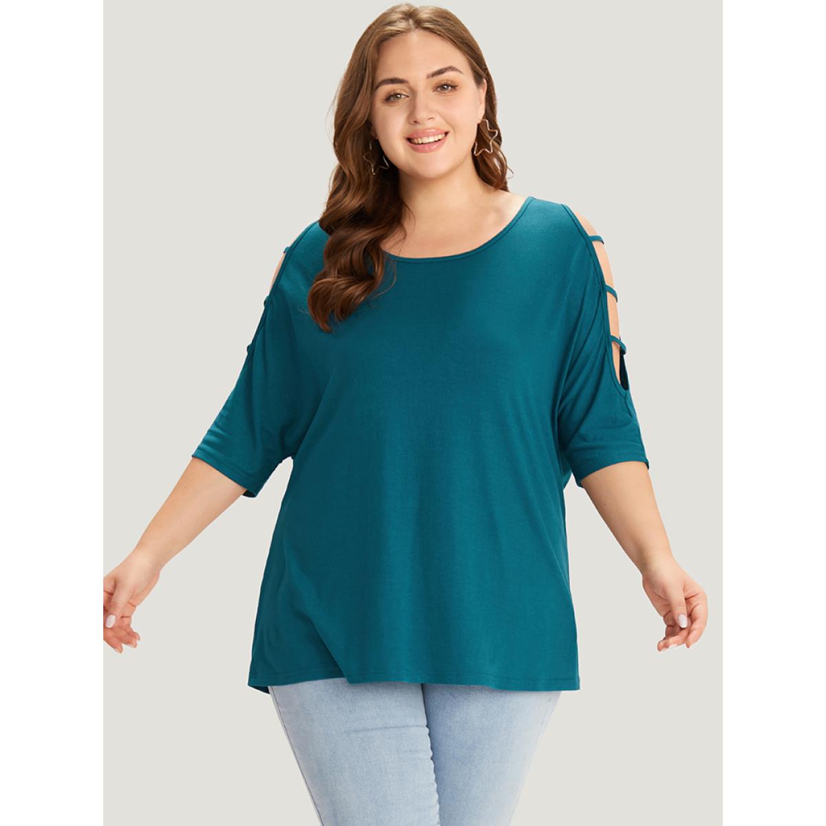 Plus Size Solid Cut Out Round Neck Dolman Sleeve T-shirt Aegean Women Elegant Plain Round Neck Dailywear T-shirts BloomChic 12/L Product Image