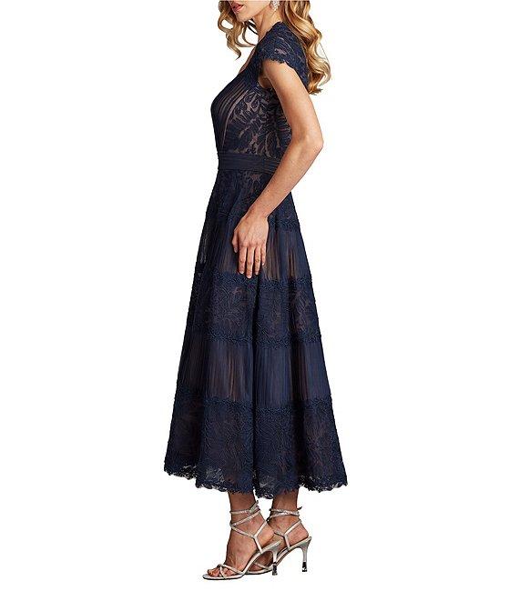 Tadashi Shoji Pleated Lace Scoop Neck Cap Sleeve Embroidered A-Line Gown Product Image