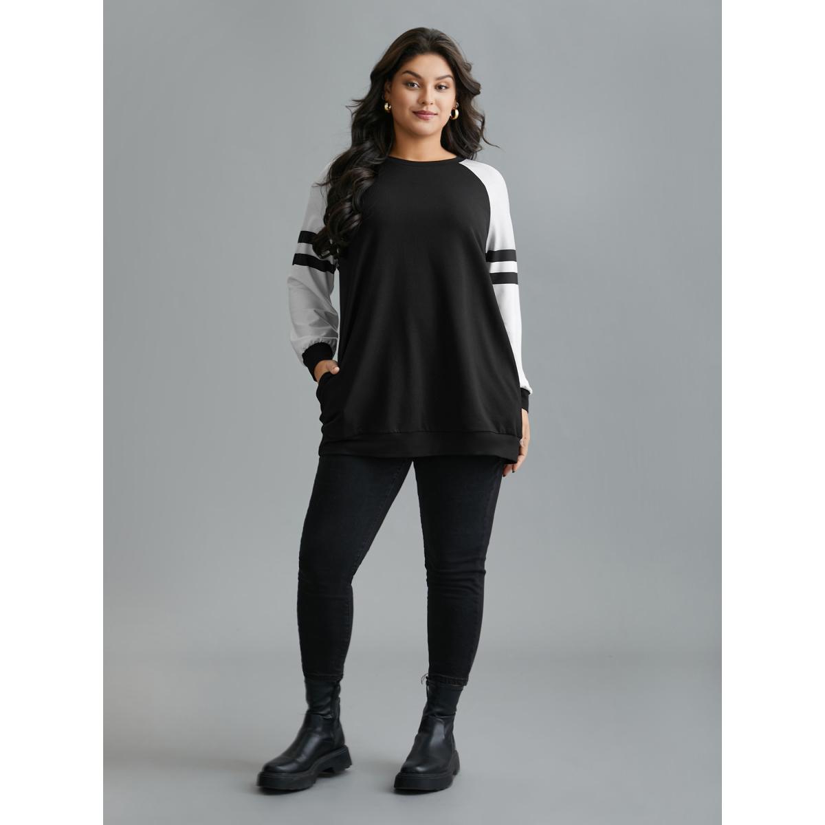 Plus Size Color Block Raglan Sleeve Stretchy Sweatshirt Women Black Casual Contrast Round Neck Everyday Sweatshirts BloomChic 22-24/3X Product Image
