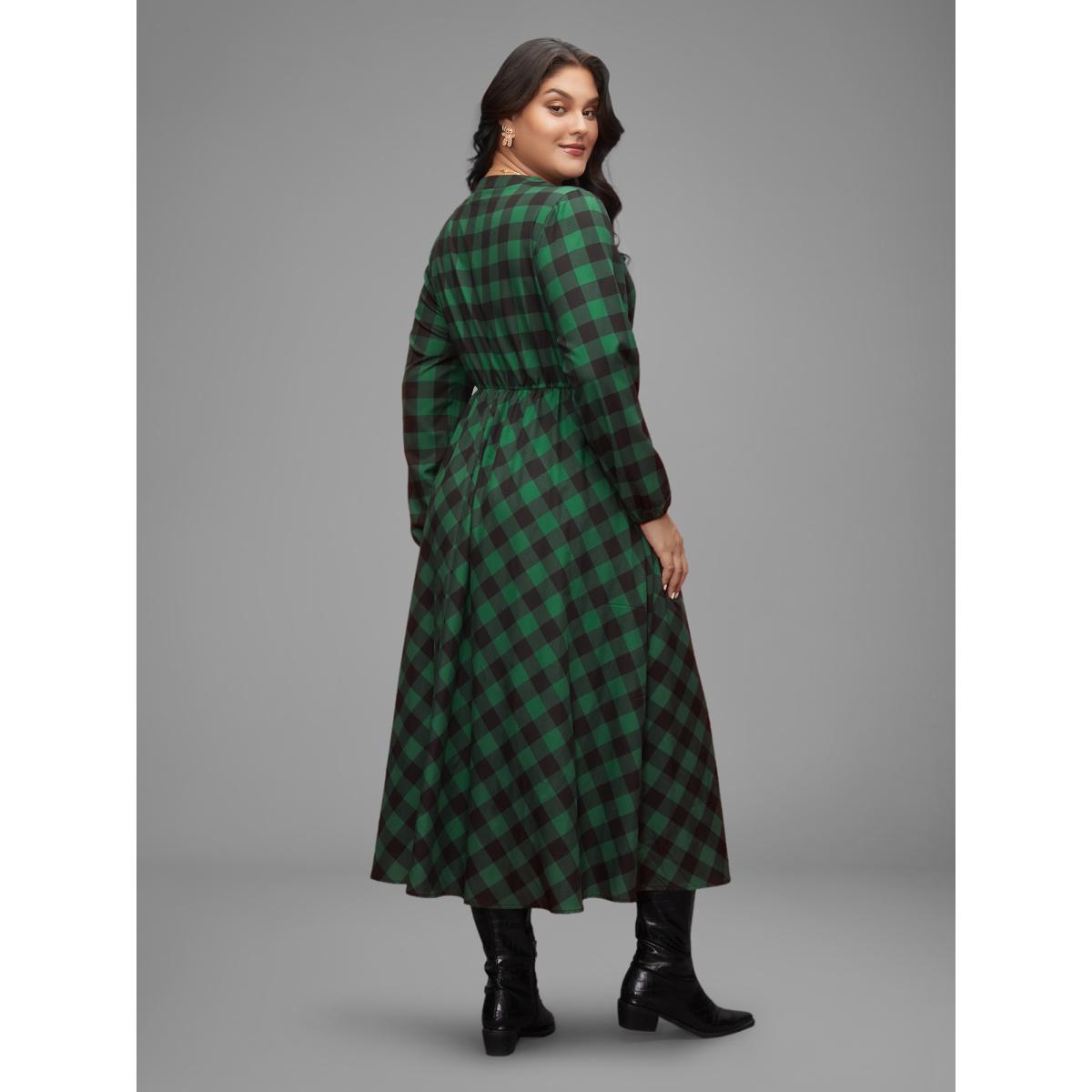 Plus Size Plaid Notched Collar Midi Dress DarkGreen Women Elegant Button Notched collar Long Sleeve Curvy BloomChic 30/6X Product Image