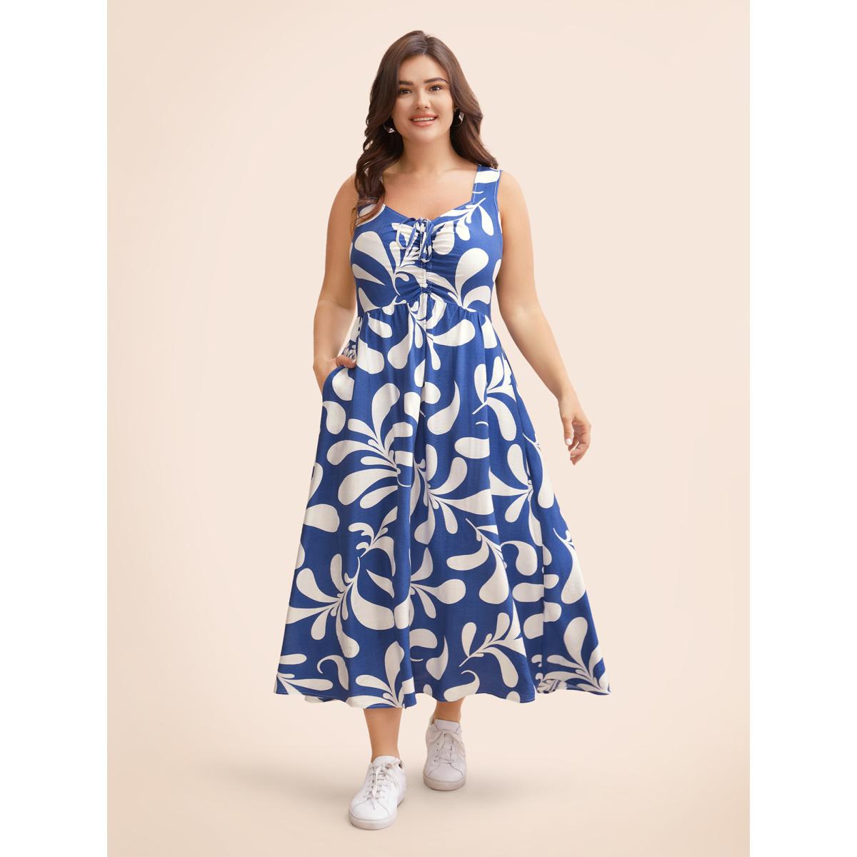 Plus Size Silhouette Floral Print Drawstring Midi Dress Mediumblue Women Elegant Gathered Heart neckline Sleeveless Curvy BloomChic 14-16/1X Product Image