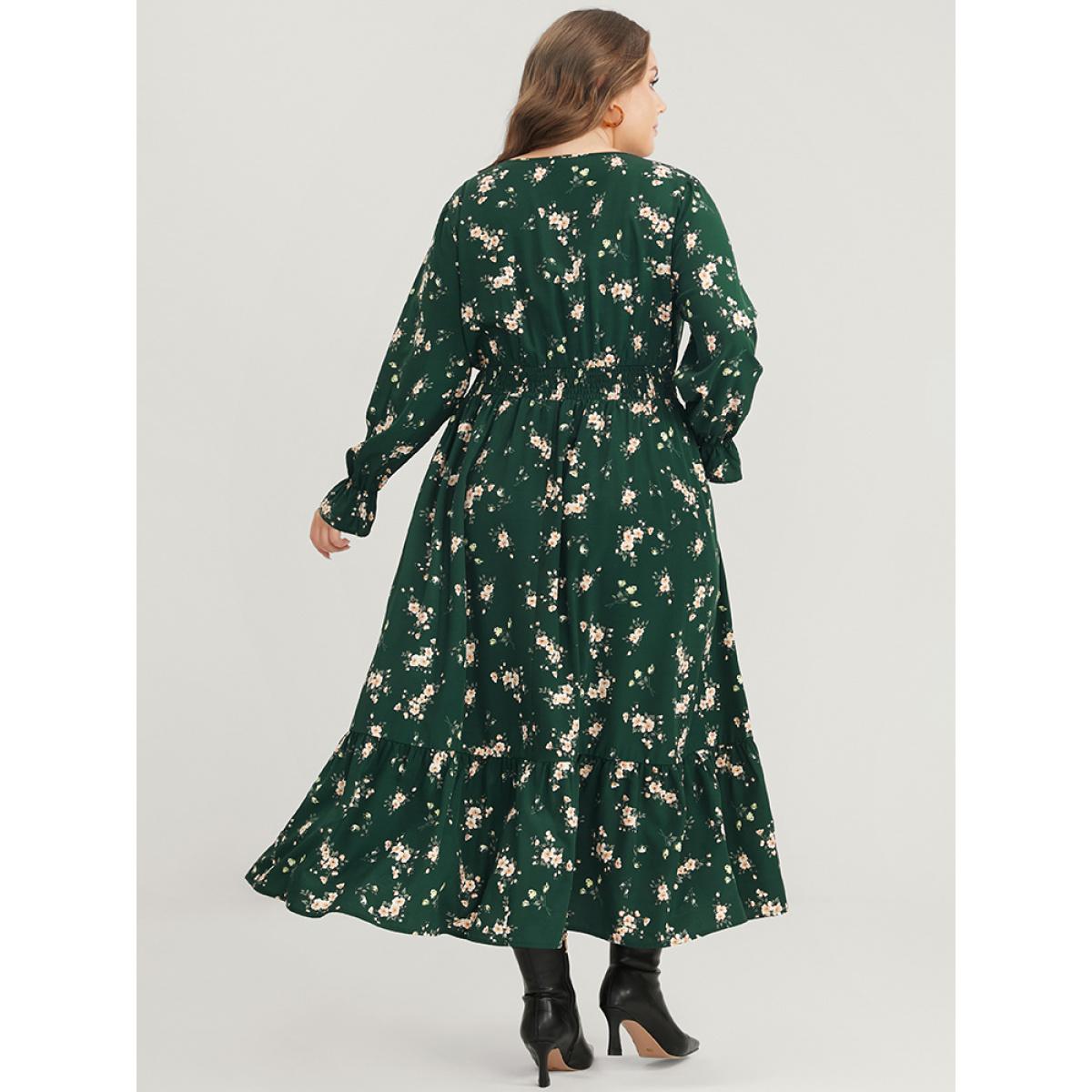 Plus Size Floral Lantern Sleeve Pocket Wrap Shirred Dress Without Hat DarkGreen Women Elegant Pocket V-neck Long Sleeve Curvy Midi Dress BloomChic 26/4X Product Image