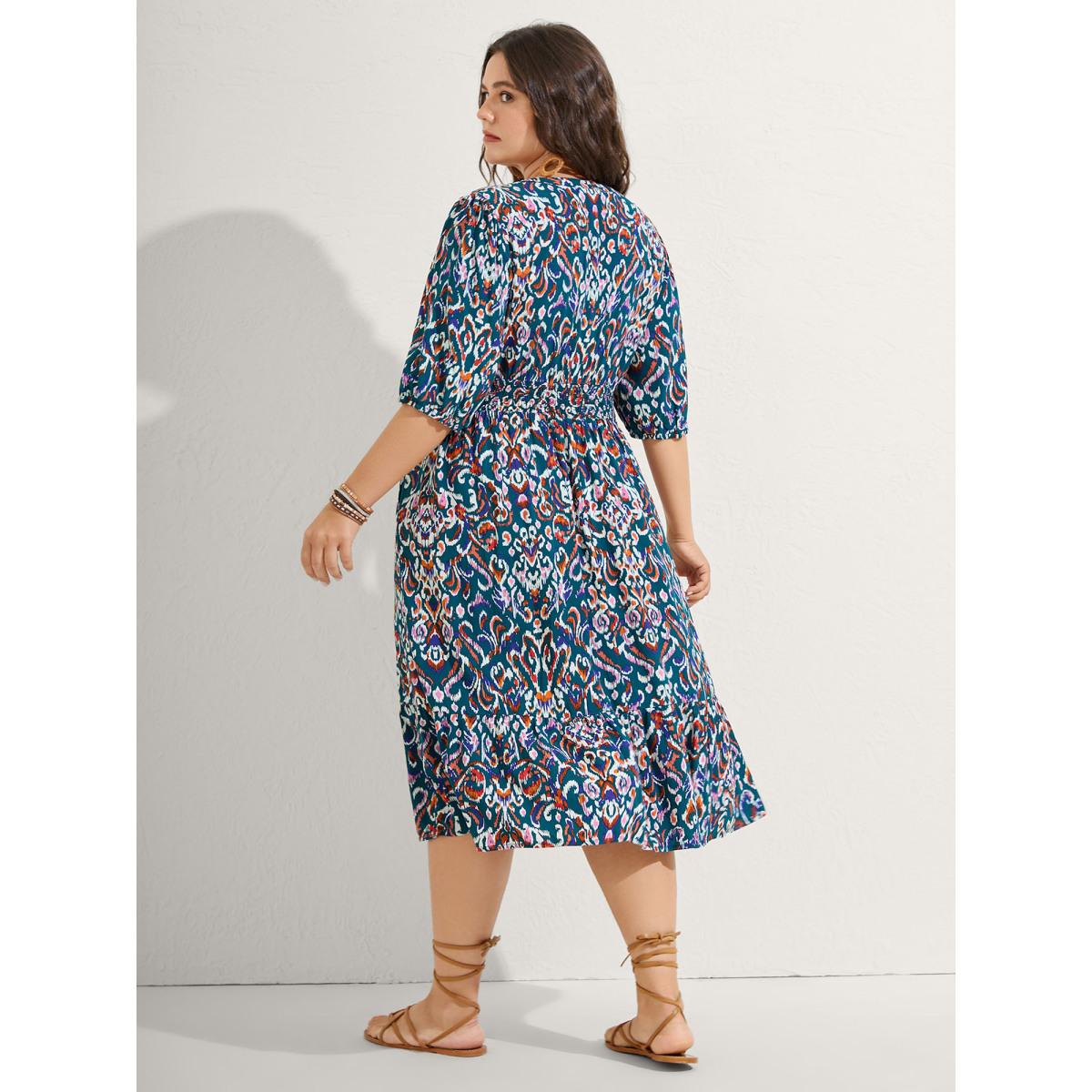 Plus Size Abstract Print Shirred Waist Midi Dress Aegean Women Boho Flat collar with V-notch Half Sleeve Curvy BloomChic 28/5X Product Image