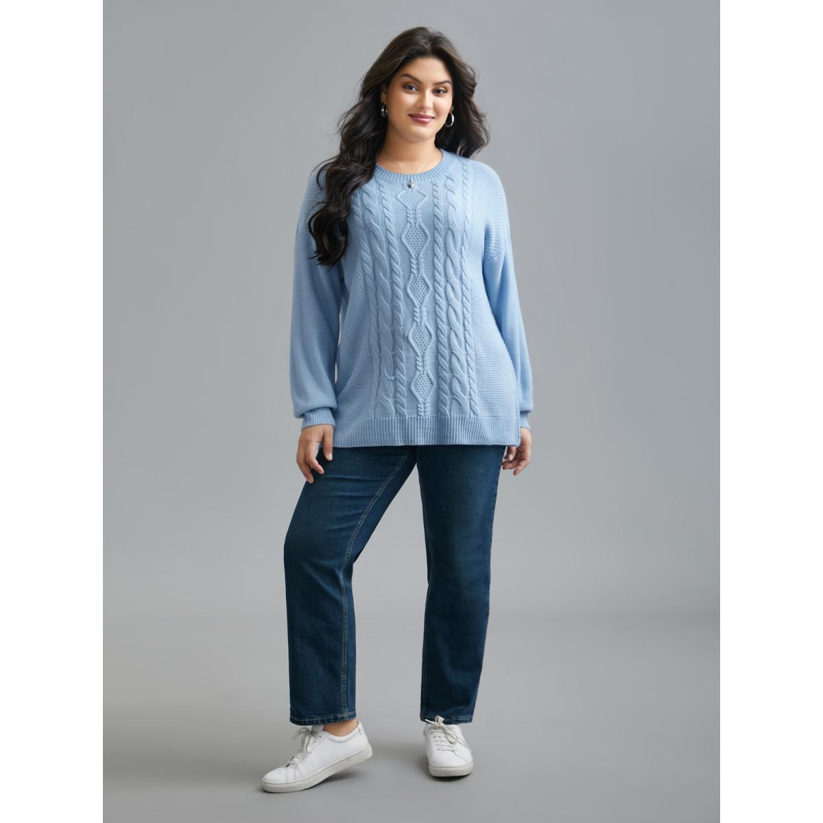 Plus Size Solid Round Neck Plisse Cable Knit Pullover LightBlue Women Casual Loose Long Sleeve Round Neck Everyday Pullovers BloomChic 22-24/3X Product Image