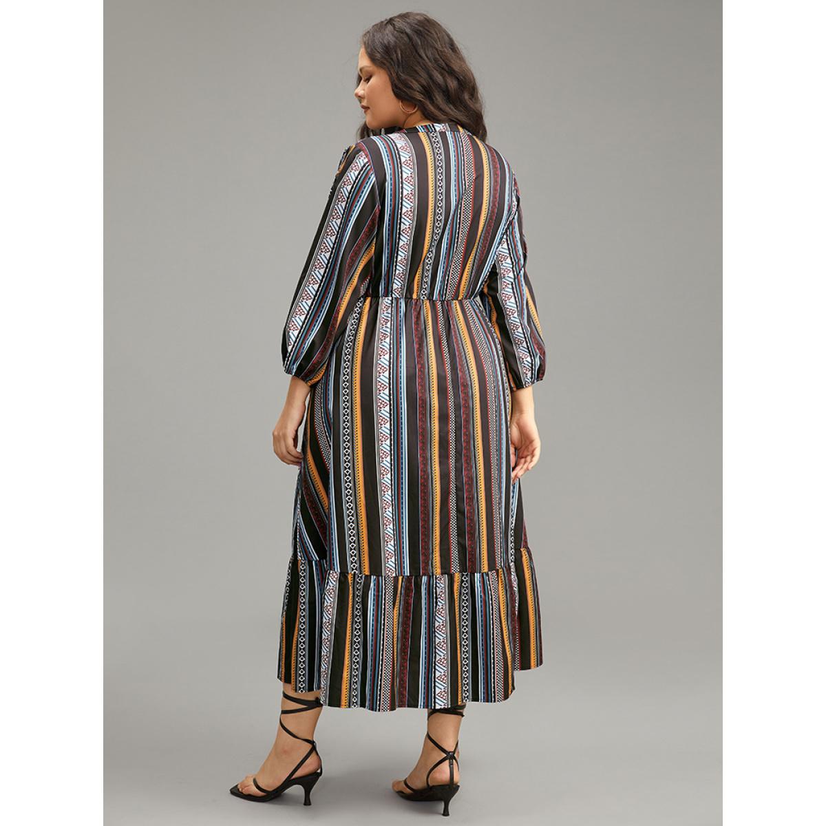 Plus Size Bandana Print Notched Ruffle Layered Hem Dress Black Women Resort Elastic cuffs Notched collar Long Sleeve Curvy Midi Dress BloomChic 26/4X Product Image