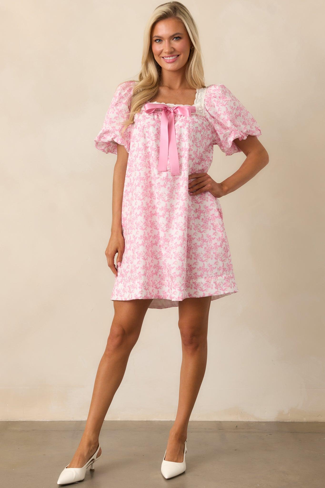Frolic Through Fields Cotton Pink Floral Mini Dress Product Image