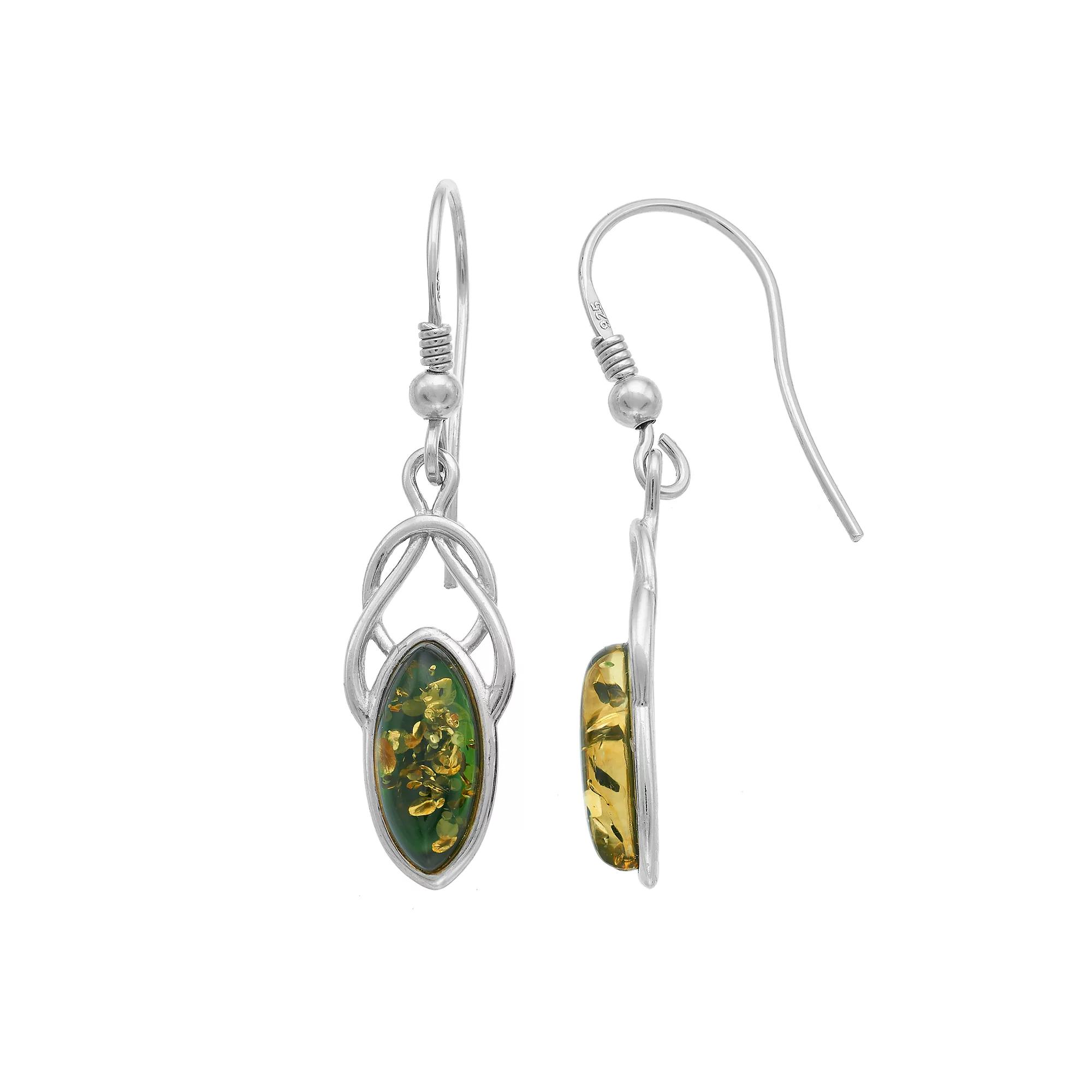 Sterling Silver Green Amber Drop Earrings, Women's Product Image