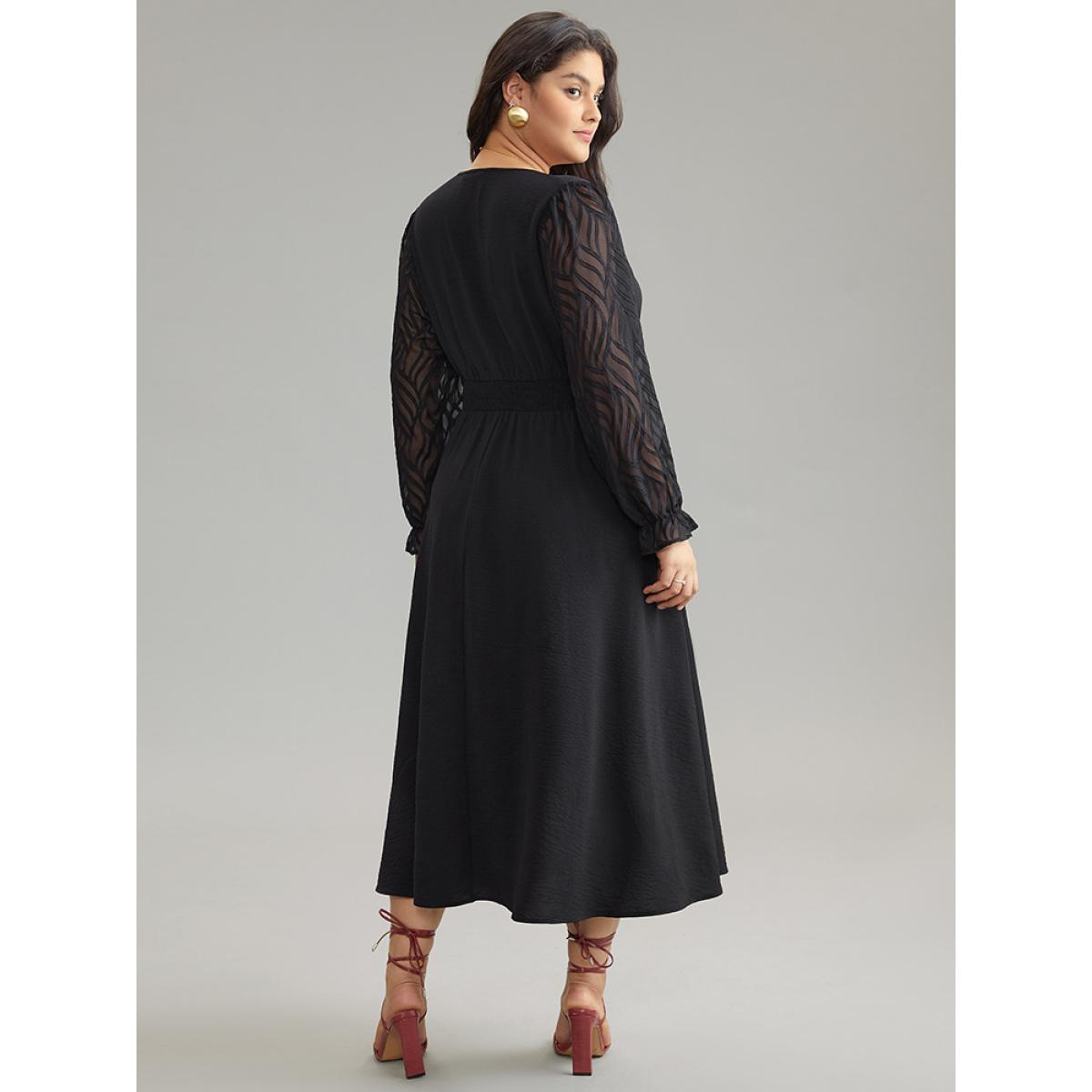 Plus Size Graphic Mesh Patchwork Pocket Split Side Dress Black Women Elegant Wrap Overlap Collar Long Sleeve Curvy Midi Dress BloomChic 14-16/1X Product Image