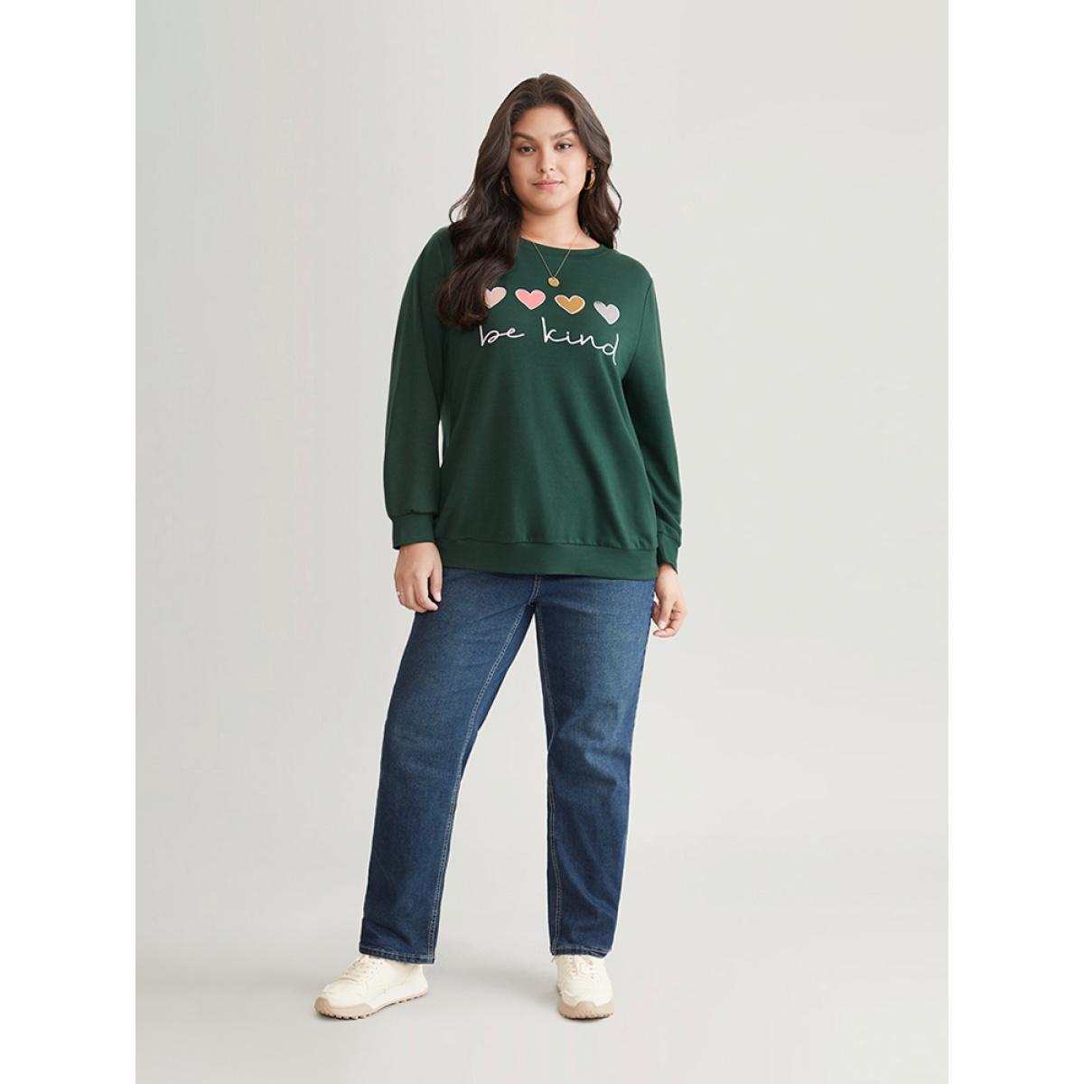 Plus Size Slogans Heart Print Round Neck Sweatshirt Women DarkGreen Casual Printed Dailywear Sweatshirts BloomChic 12/L Product Image